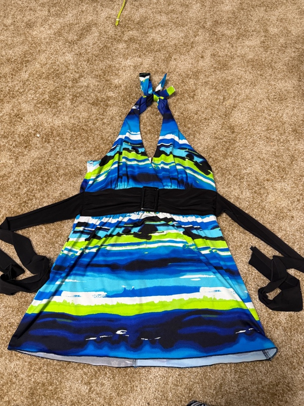 Wrapper Blue, Lime & Black Halter Tankini top